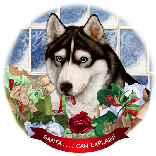 Siberian Husky, Black & White Dog Porcelain Ornament 'Santa.. I Can Explain!'