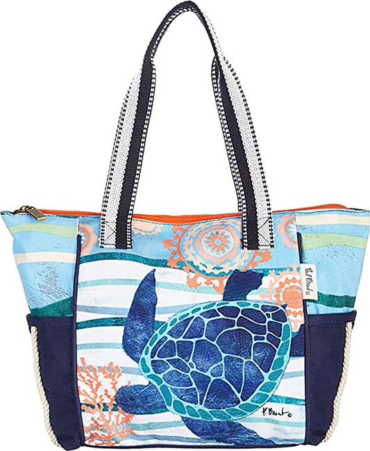 Sun N' Sand Seaside Treasures Blue Turtle Tote Handbag, 16" L x 11" H x 4" W