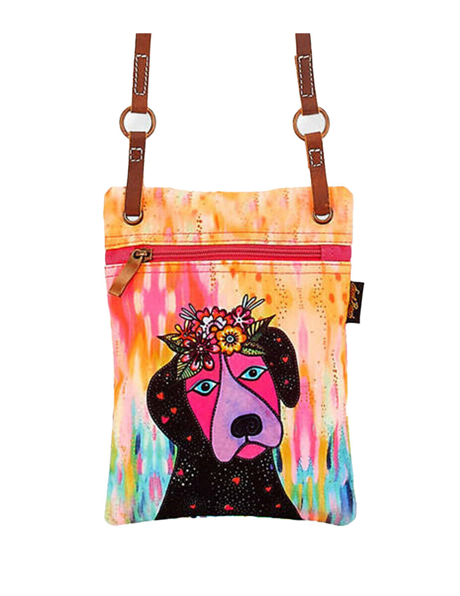 Laurel Burch Violet Puppy Dog with Flowers Small Crossbody Bag, 6.5”x 8.5”