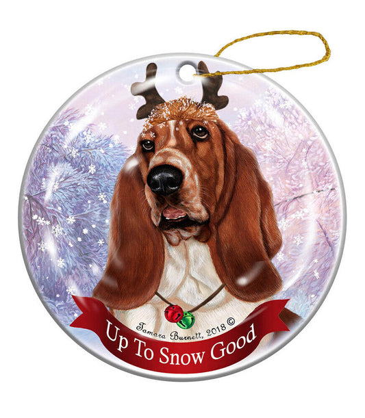 Holiday Pet Gifts Basset Hound Red/White Reindeer Porcelain Christmas Ornament