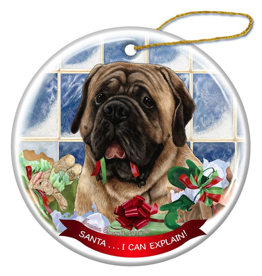 Fawn Mastiff Dog Porcelain Hanging Ornament Pet Gift 'Santa.. I Can Explain!'