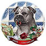 Staffordshire Bull Terrier Blue/White Porcelain Ornament 'Santa. I Can Explain!'