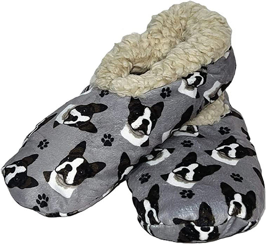 Comfies Womens Boston Terrier Dog Slippers - Sherpa Lined Animal Print Booties