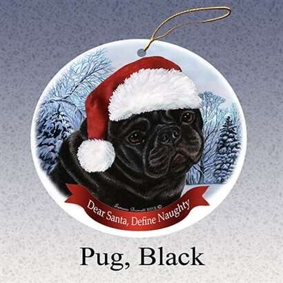 Black Pug Dog Santa Hat Christmas Ornament Porcelain China U.S.A. Gift