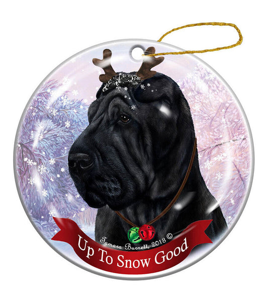 Holiday Pet Black Shar Pei Reindeer Dog Porcelain Christmas Ornament
