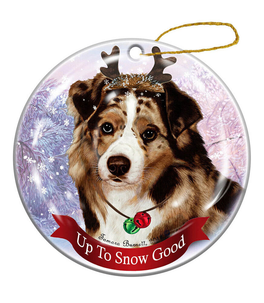 Australian Shepherd Red Merle Reindeer Dog Porcelain Christmas Ornament