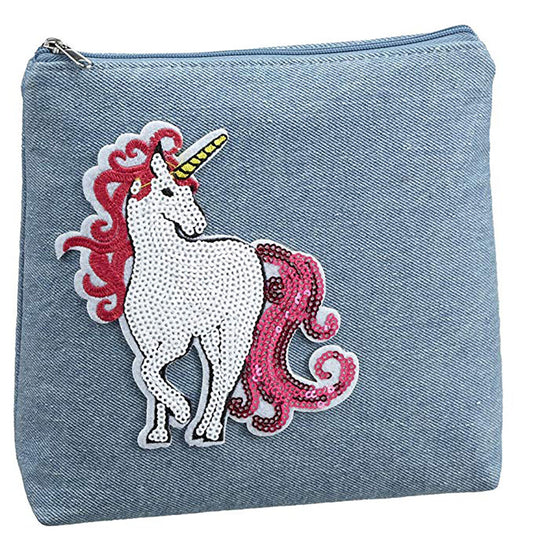 Ganz -  Summer Fun Light Denim Cosmetic Bag, Sequin Unicorn, 8 1/2" W x 6 3/4"