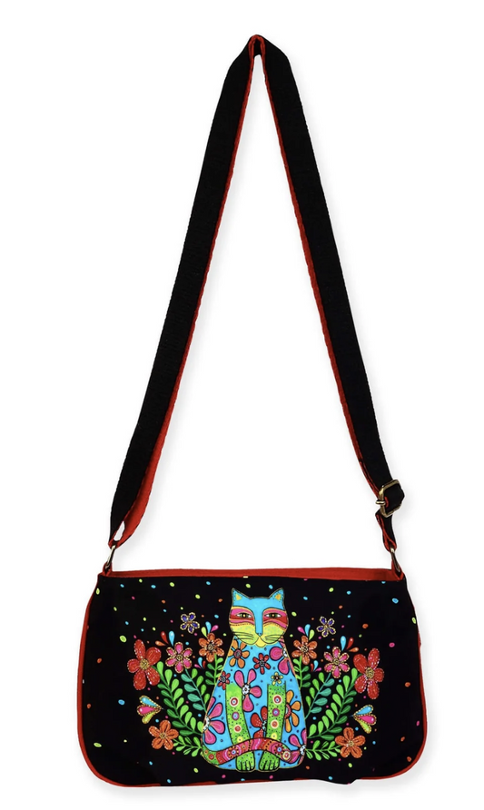 Laurel Burch Kaleidoscope Kat Cat Small Black Crossbody Bag, 9.5 x 7 inches
