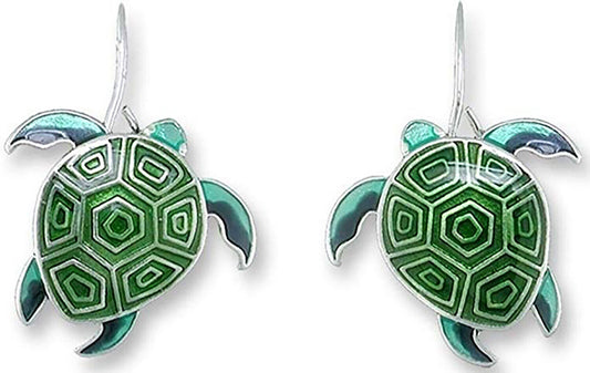 Sue Coccia Sea Turtle Enameled Hawaiian Honu Wire Dangle Earrings