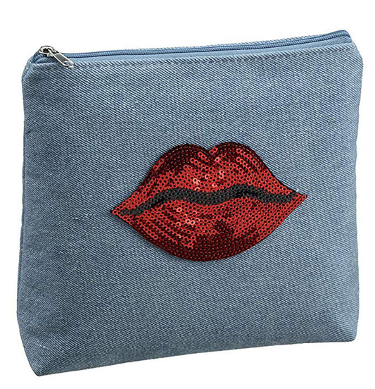 Ganz - Summer Fun Light Denim Cosmetic Bag, Sequin Lips, 8 1/2" W. x 6 3/4" H.