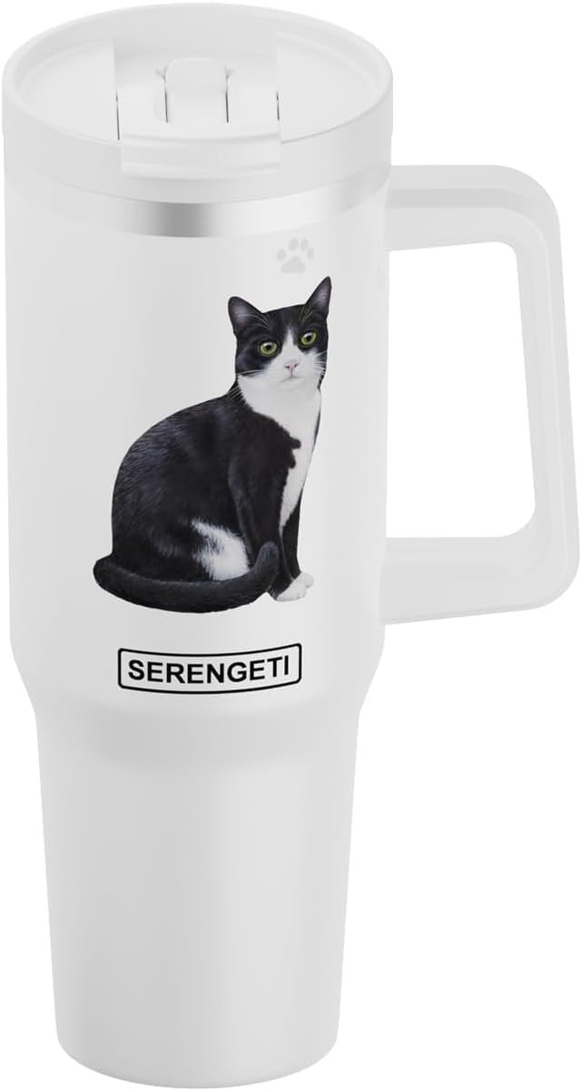 Serengeti 40 Oz Black & White Cat Stainless Steel Tumbler w Handle, Straw & Lid