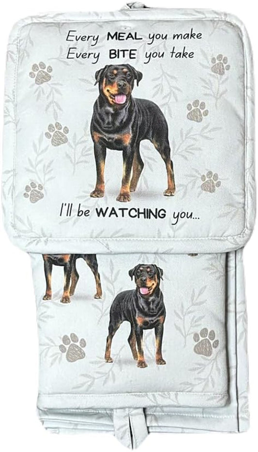 E&S Pets Rottweiler Dog 3 Piece Kitchen Set -  Oven Mitt, Towel, Pot Holder