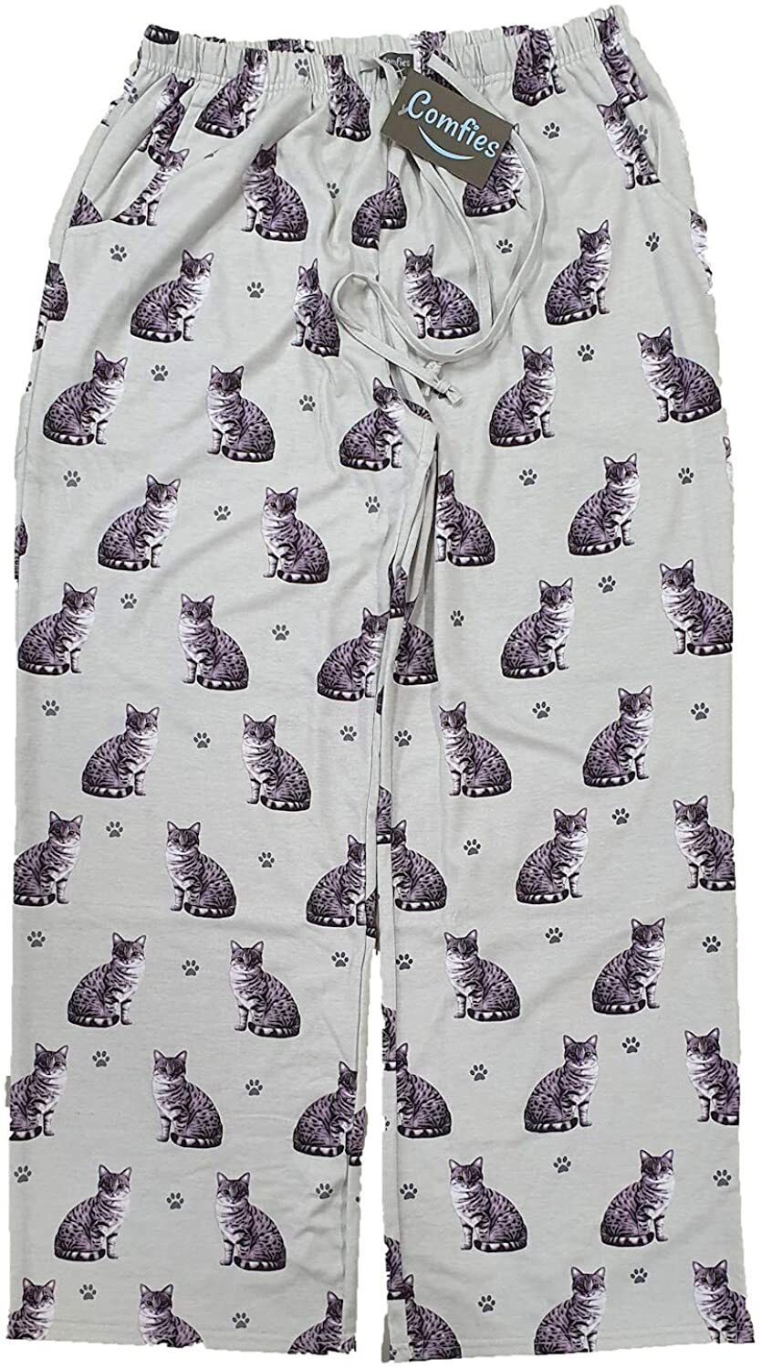 Comfies Unisex Cat Pajama Bottoms with Silver Tabby Cat and Paw Prints (Small)