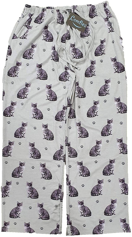 Comfies Unisex Cat Pajama Bottoms with Silver Tabby Cat and Paw Prints (Small)