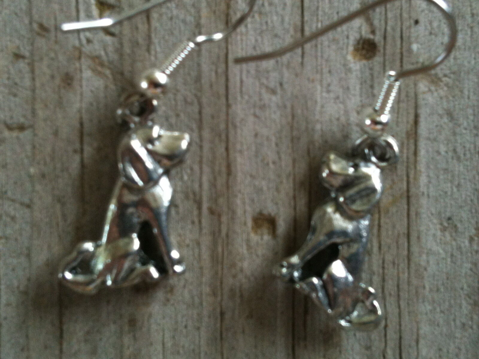 Sitting Sideways Long Tail and Ears Dog Silver Plated Lead Free Pewter Earrings