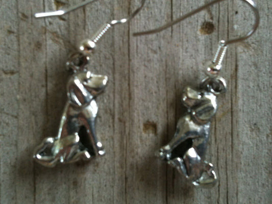 Sitting Sideways Long Tail and Ears Dog Silver Plated Lead Free Pewter Earrings