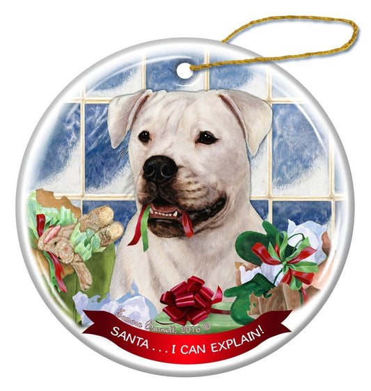 American Bulldog White Dog Porcelain Ornament Pet Gift Santa I Can Explain!