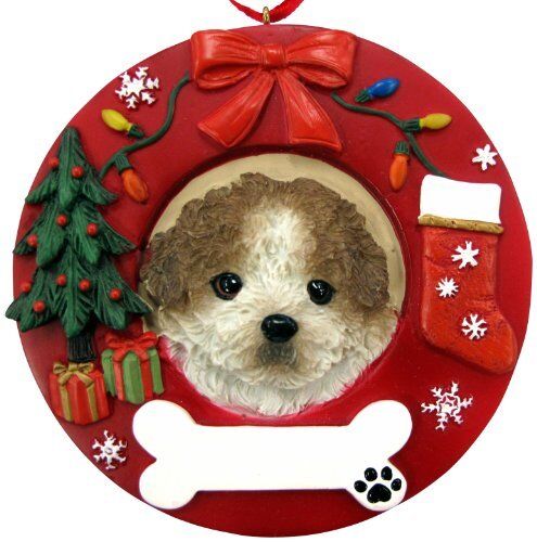 Tan & White Shih Tzu, Puppy Cut Christmas Ornament Wreath Shaped Personalizable