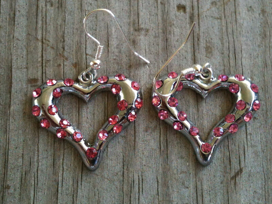 Pink Sparkling Crystal Heart Silver Plated Earrings