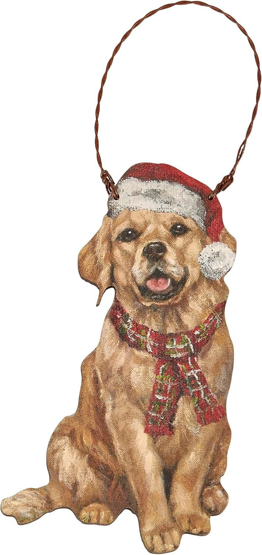Primitives By Kathy Golden Retriever with Santa Hat Wooden Christmas Ornament