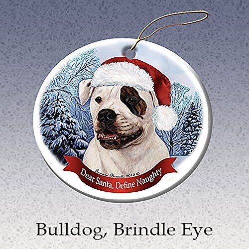 Holiday Pet Gifts Brindle Eye American Bulldog Santa Hat Dog Porcelain Ornament