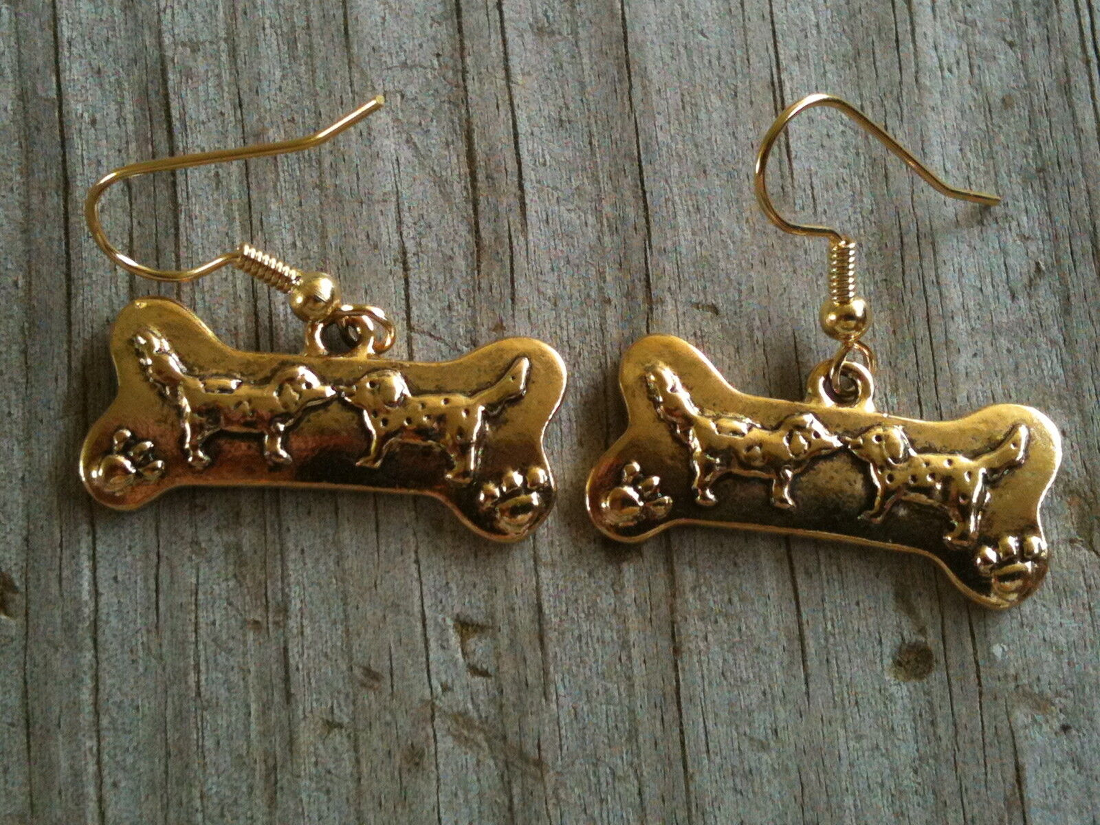Slightly Curved Bone with 2 Dogs Gold Plated Lead Free Pewter Earrings