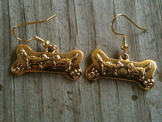 Slightly Curved Bone with 2 Dogs Gold Plated Lead Free Pewter Earrings