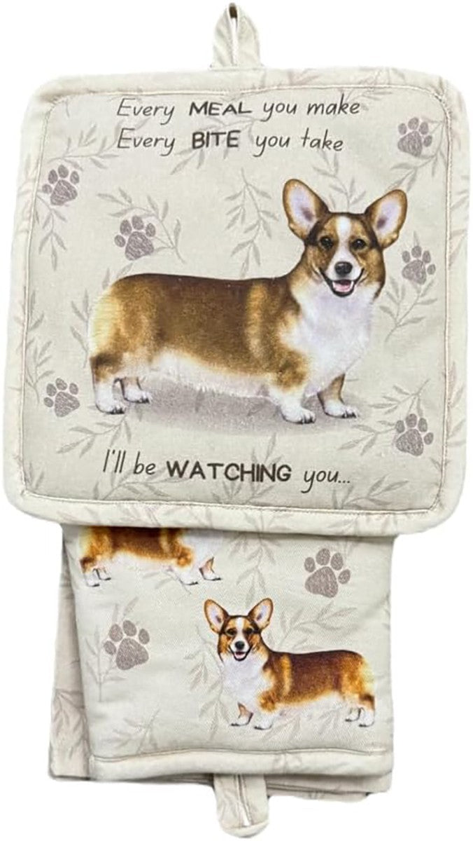 E&S Pets Welsh Corgi 3 Piece Kitchen Set -  Oven Mitt, Towel, Pot Holder