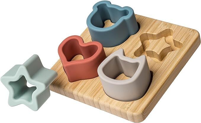 Mary Meyer Simply Silicone Sorting Puzzle with Bamboo Base, 4" x 4", 12 Months+