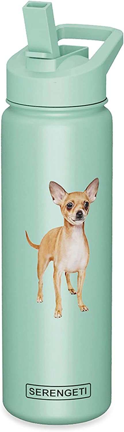 E&S Pets Stainless Steel Water Bottle 24 Oz, Spill Proof (Tan Chihuahua)