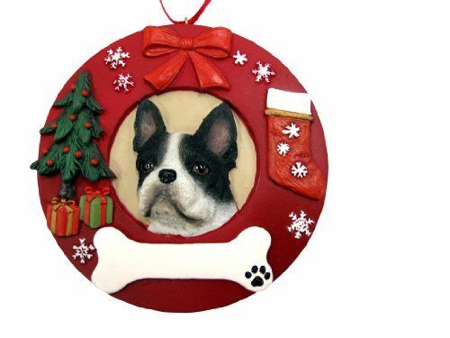 E&S Pets Boston Terrier Christmas Ornament Wreath Shaped Easily Personalized
