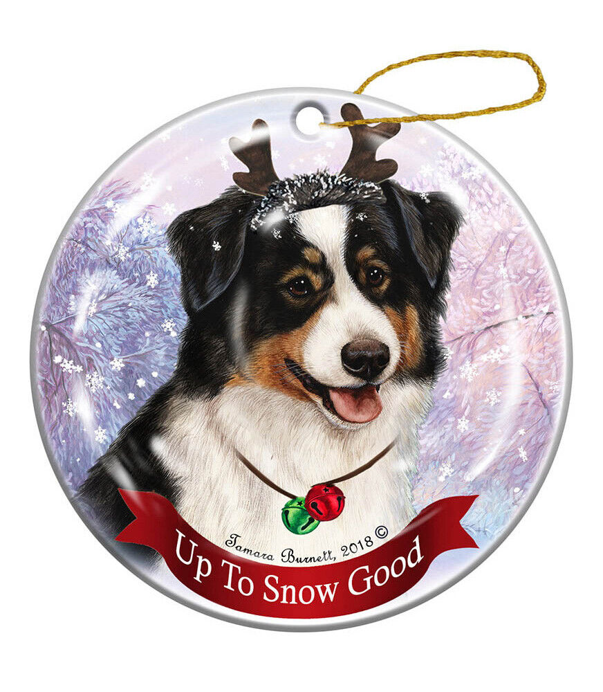 Australian Shepherd Black Tri-Color Reindeer Dog Porcelain Christmas Ornament