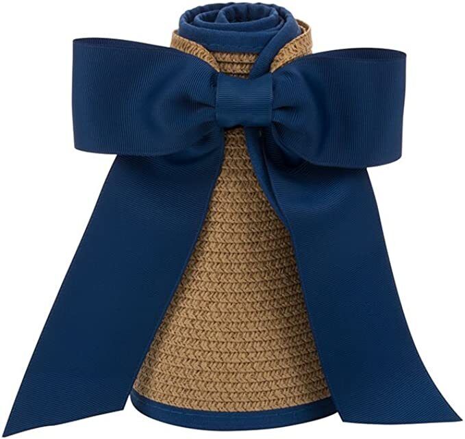 Straw Summer Sun Visor Beach Hat Wide Brim with Bow Adjustable (Navy)