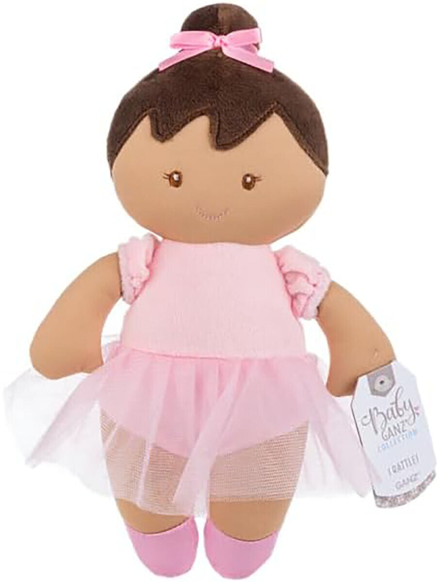 Ganz Black Hair Ballerina Baby Doll Plush Stuffed Toy with Soft Rattle, 9"