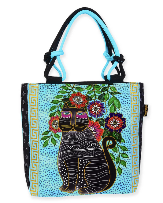 Laurel Burch Kitty Noir Black Cat with Flowers Small Tote,  10" x 2.75" x 9.75"