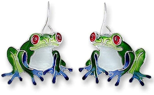 Marilyn Grame Silver Plated Blue-Toed Frog Enameled Wire Dangle Earrings