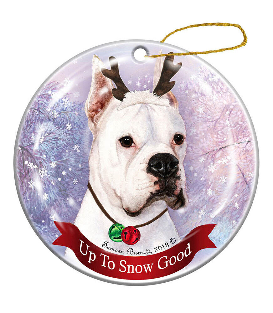 Holiday Pet Boxer White Cropped Reindeer Dog Porcelain Christmas Ornament