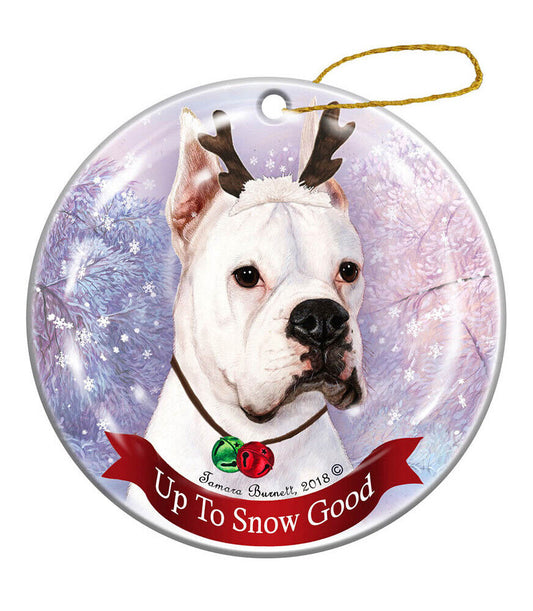 Holiday Pet Boxer White Cropped Reindeer Dog Porcelain Christmas Ornament