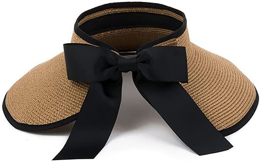 Straw Summer Sun Visor Beach Hat Wide Brim with Bow Adjustable (Black)