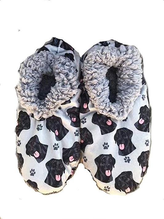 Comfies Womens Black Labrador Dog Slippers - Sherpa Lined Animal Print Booties