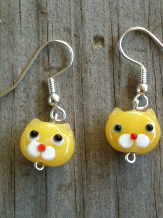 Yellow Opaque Cat Face Lampwork Glass Earrings