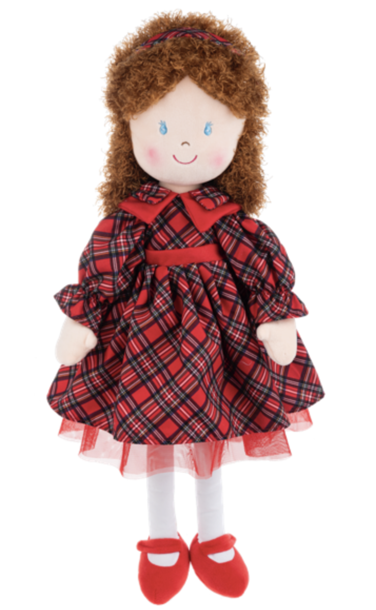 Ganz Faith Rag Doll with Brown Hair with a Red Holiday Tartan Dress , 20" H