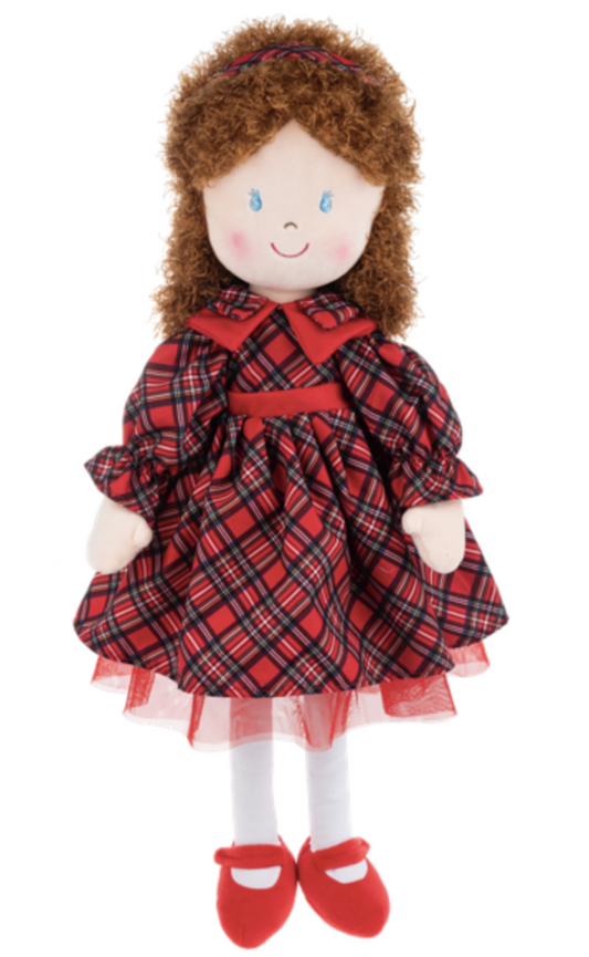 Ganz Faith Rag Doll with Brown Hair with a Red Holiday Tartan Dress , 20" H