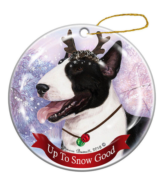 Holiday Pet Black/White Bull Terrier Reindeer Dog Porcelain Christmas Ornament