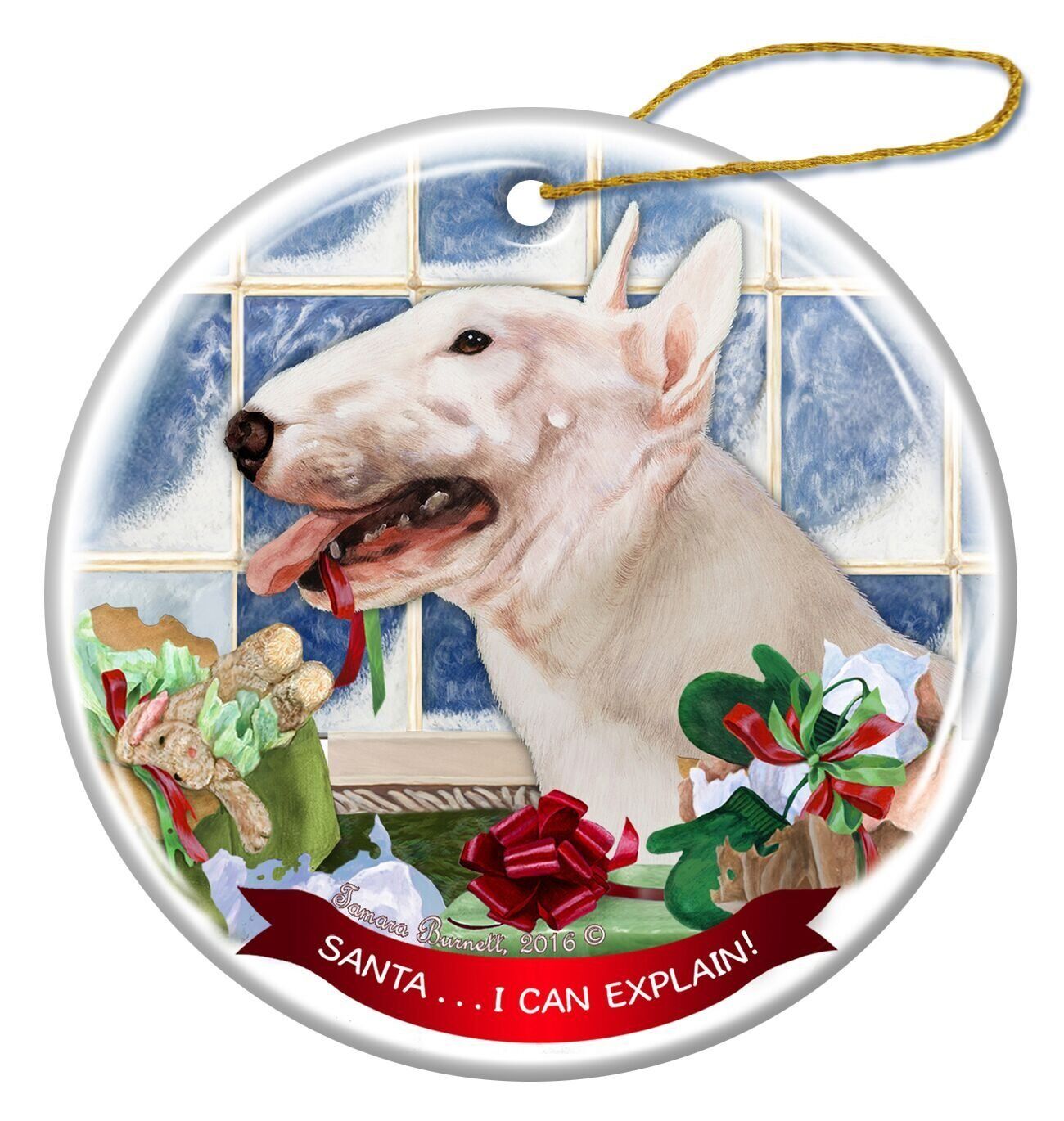 White Bull Terrier Dog Porcelain Ornament Pet Gift 'Santa.. I Can Explain!'