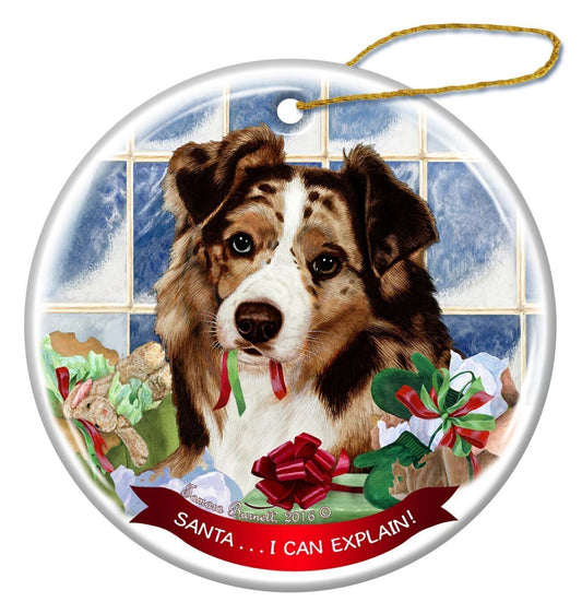 Australian Shepherd Red Merle Dog Porcelain Ornament Santa I Can Explain!