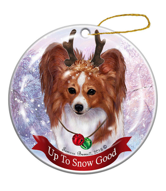Holiday Pet Gifts Red and White Papillion Dog Porcelain Christmas Ornament