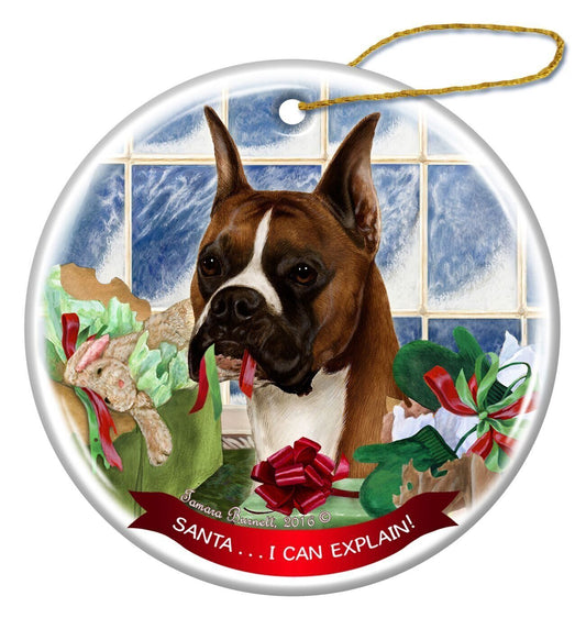 Fawn Boxer Cropped Ears Dog Porcelain Ornament 'Santa.. I Can Explain!'