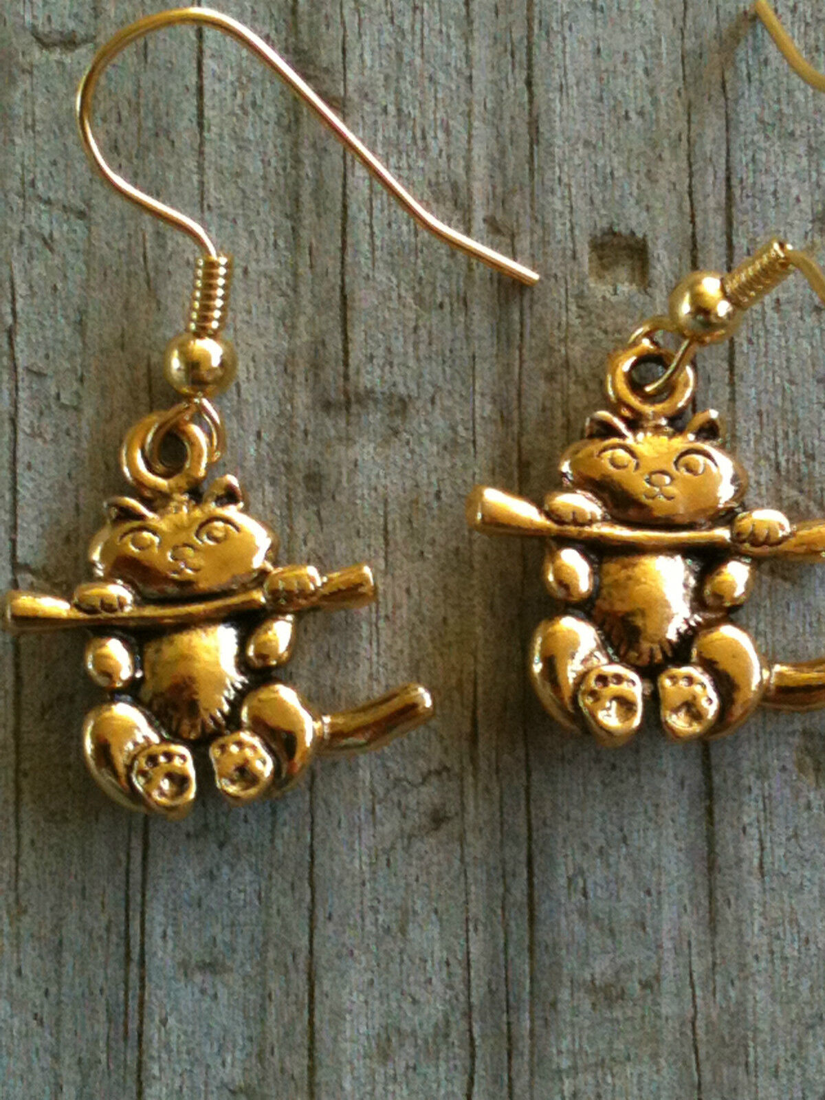 Gold Plated Pewter Cat Hanging From a Limb Earrings
