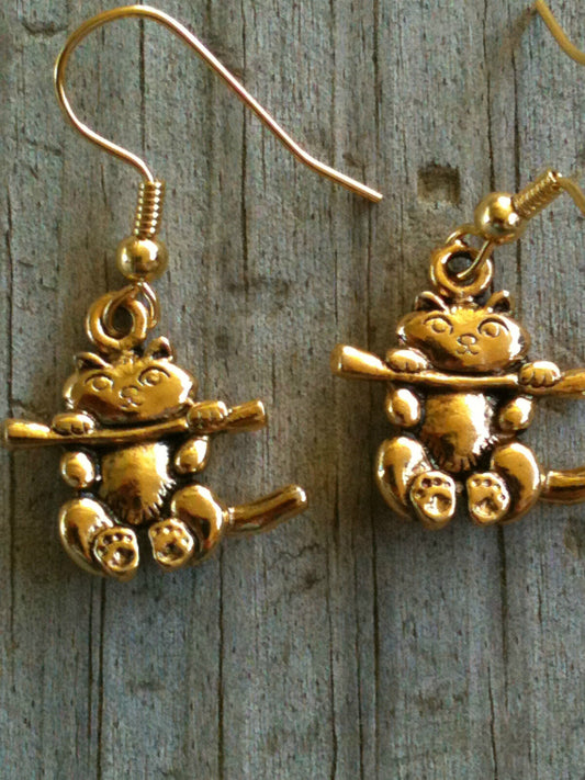 Gold Plated Pewter Cat Hanging From a Limb Earrings